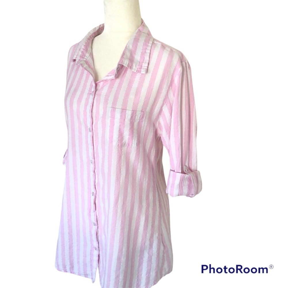 Secret Possessions Pink Metallic Stripped Button Down Shirt Top Women’s Size M/L